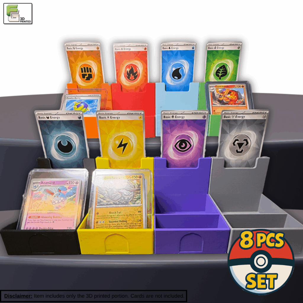 Large 8-piece Pokémon Energy Break stand set with color-coded Energy card and top loader holders