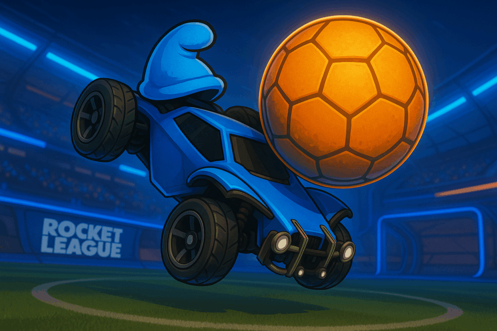 Rocket League Smurfs car with a smurf hat on it hitting the ball.