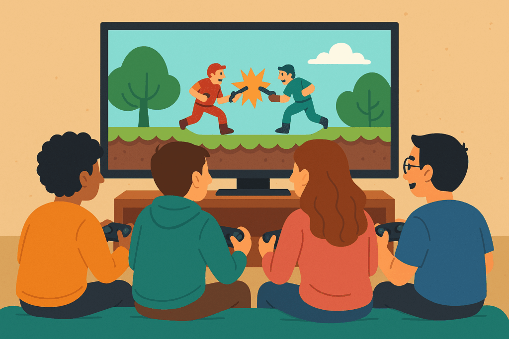 Group of kids enjoying LAN Parties, Co-op couch play in person.