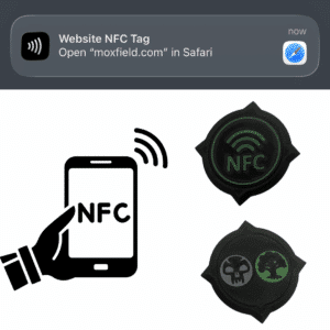 MTG CommandView NFC Emblem Badge showing decklist link to Moxfield on smartphone