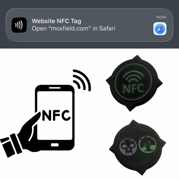 MTG CommandView NFC Emblem Badge showing decklist link to Moxfield on smartphone