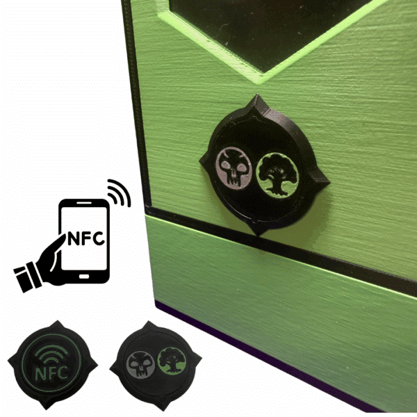 Magnetic MTG CommandView NFC Emblem Badge attached to deck box for instant decklist sharing