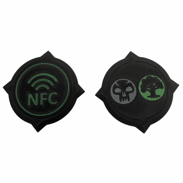 Set of MTG CommandView NFC Emblem Badges featuring mana symbols and NFC tag