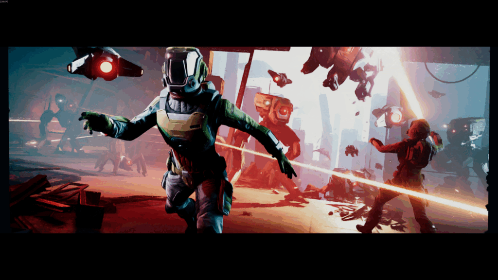 Players in Jump Space Early Access battle hostile robots in a chaotic ground mission, showcasing the game’s co-op combat and sci-fi environments.