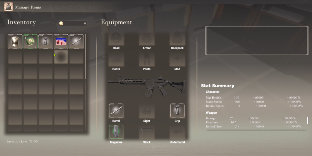 Aether Lock Inventory and Equipment Management System Screenshot of Aether Lock's inventory and equipment interface showing item storage, armor and backpack slots, weapon attachments, ammunition management, and detailed character statistics.