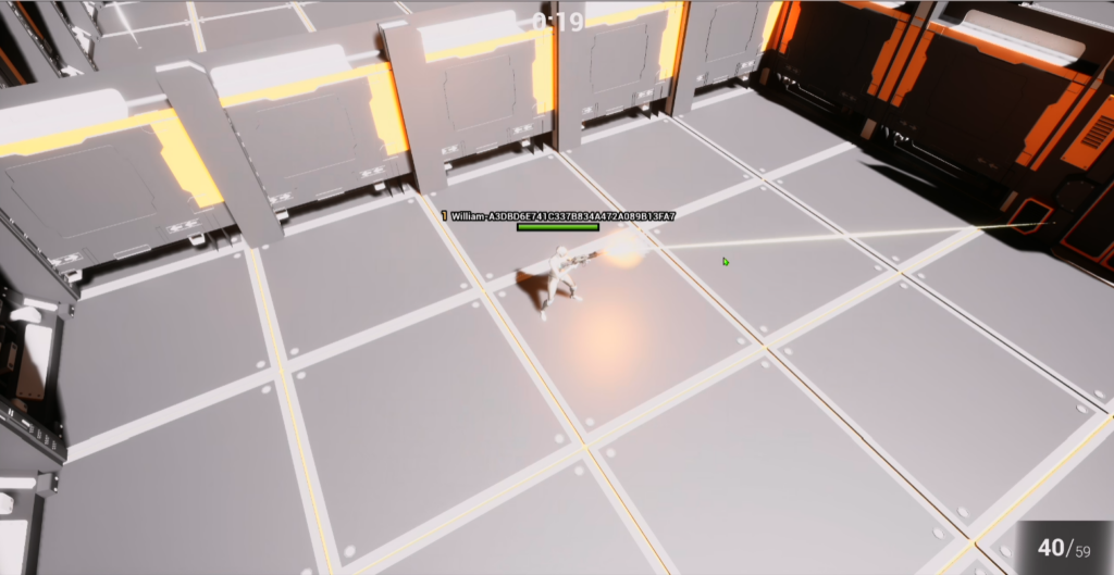 Aether Lock Third-Person Combat Gameplay Preview Screenshot of Aether Lock gameplay featuring a player character firing an assault rifle inside a futuristic facility, demonstrating third-person combat, movement, and weapon effects.