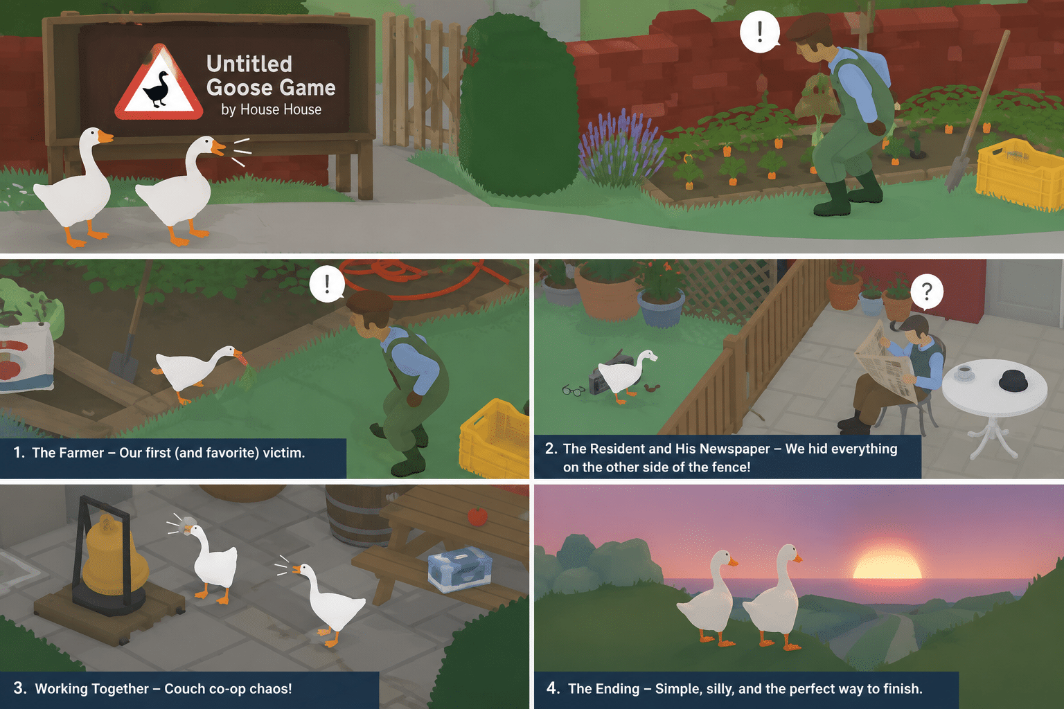 Two players causing mischief together in Untitled Goose Game couch co-op