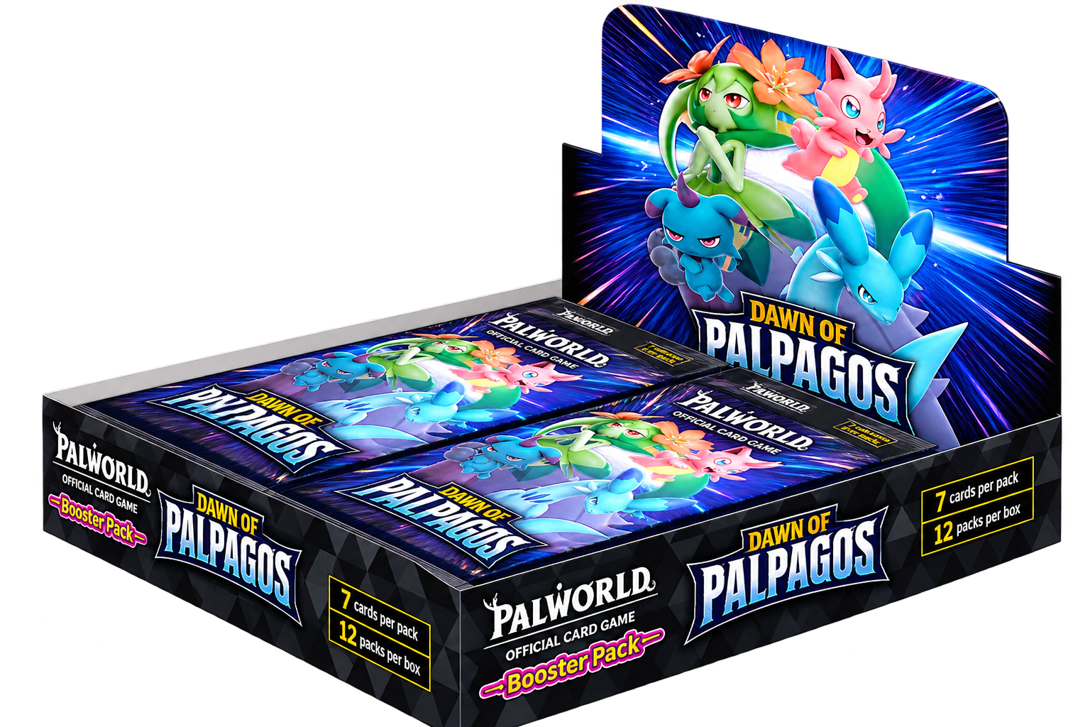 Palworld TCG Dawn of Palpagos booster display box and card packs
