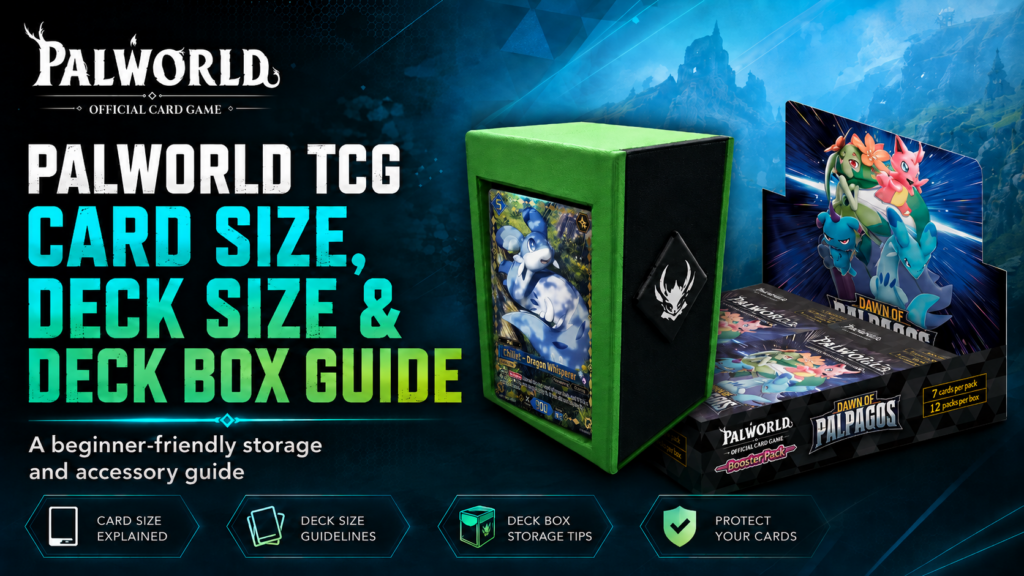 Palworld TCG deck box with Chillet card and Dawn of Palpagos booster display