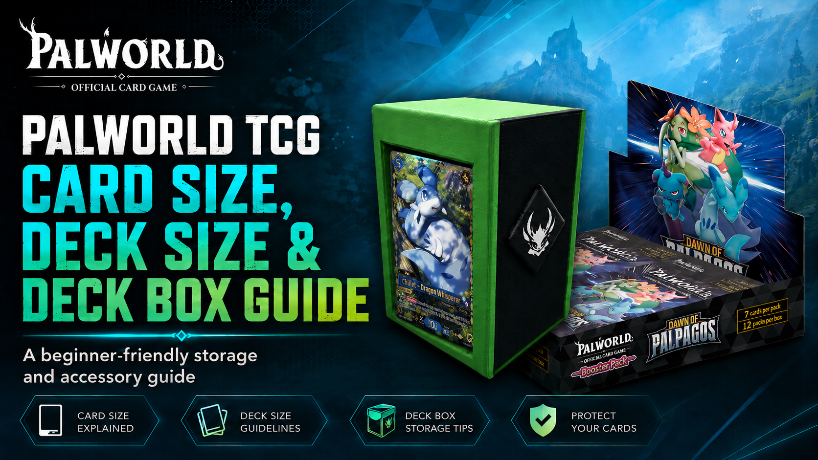 Palworld TCG deck box with Chillet card and Dawn of Palpagos booster display