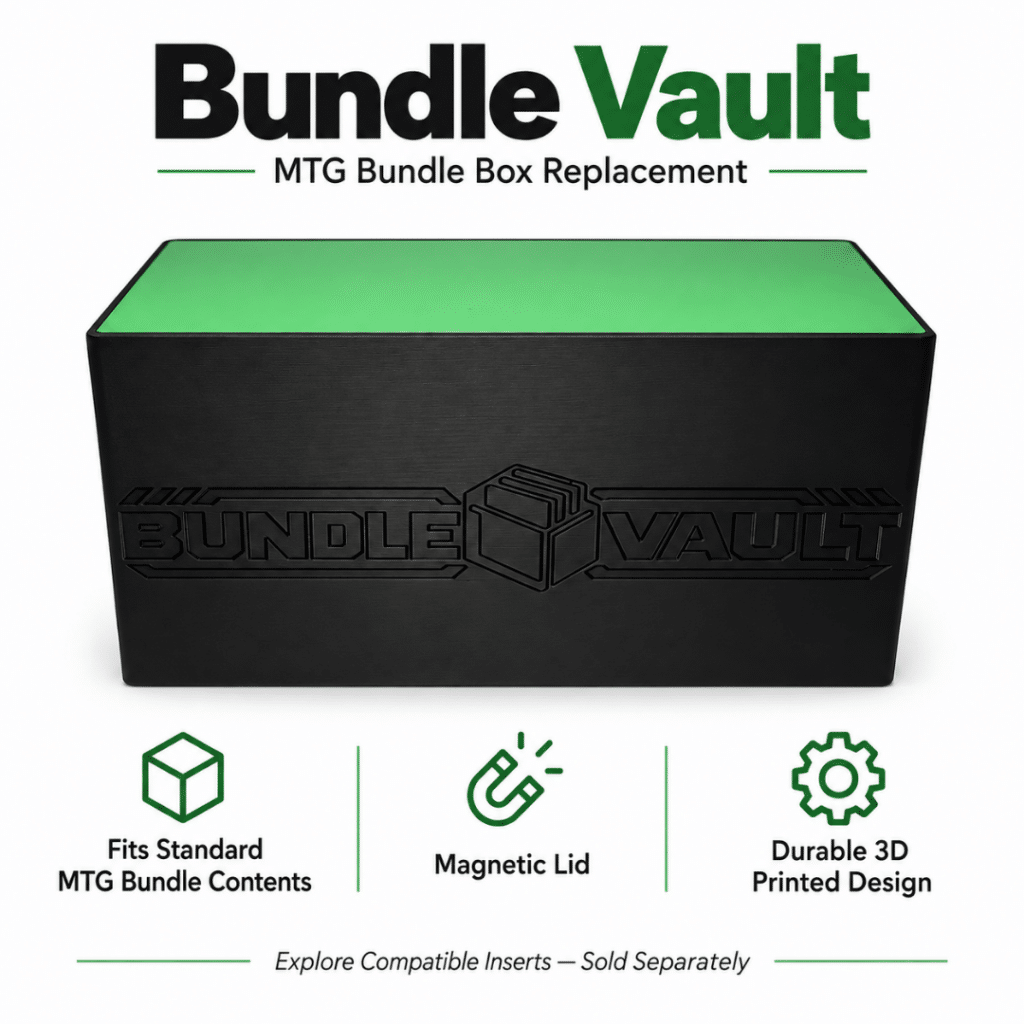 Bundle Vault MTG bundle box replacement in black with green magnetic lid, showing key storage features