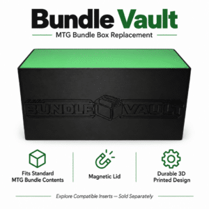 Bundle Vault MTG bundle box replacement in black with green magnetic lid, showing key storage features