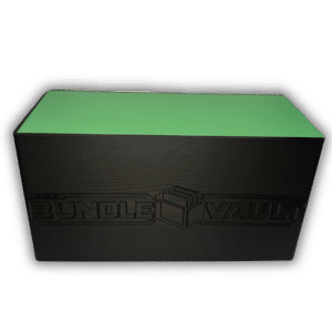 Front view of black Bundle Vault 3D-printed MTG storage box with green lid and embossed logo